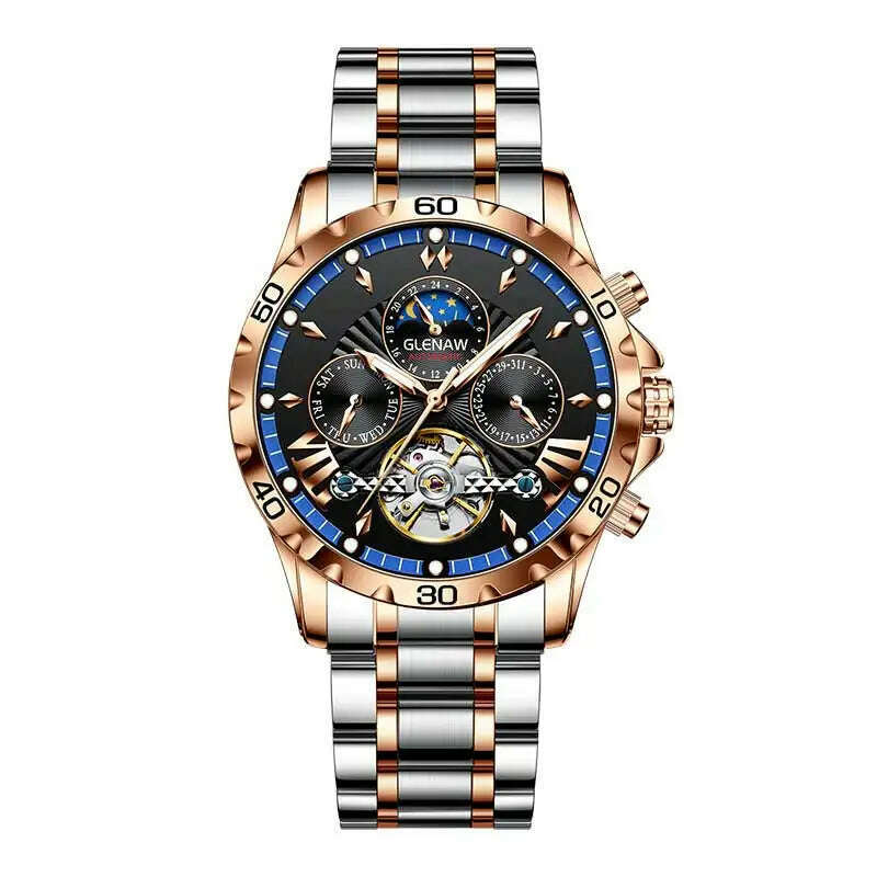 KIMLUD, GLENAW Design Mens Watches Top Brand Luxury Fashion Business Automatic Watch Men's Waterproof Mechanical Watch Montre Homme, S gold blue, KIMLUD Womens Clothes