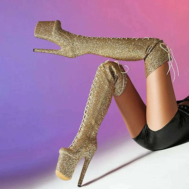 KIMLUD, Glitter Bling Bling Shiny High Heels Over-the-Knee Lace-up Platform Thigh Boots, KIMLUD Womens Clothes