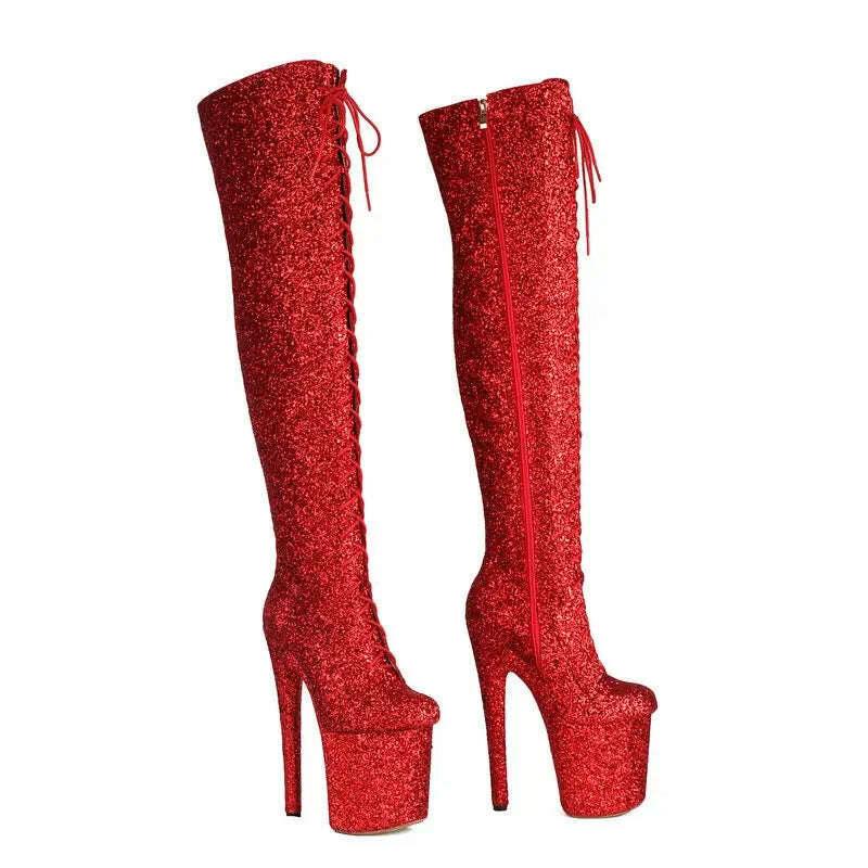 KIMLUD, Glitter Bling Bling Shiny High Heels Over-the-Knee Lace-up Platform Thigh Boots, KIMLUD Womens Clothes