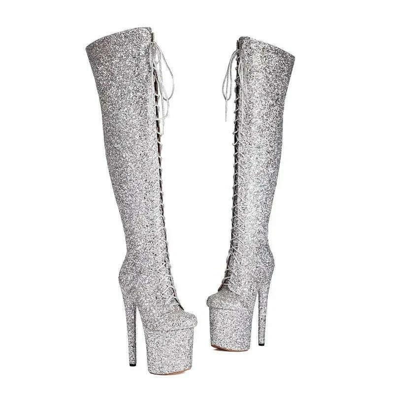 KIMLUD, Glitter Bling Bling Shiny High Heels Over-the-Knee Lace-up Platform Thigh Boots, KIMLUD Womens Clothes