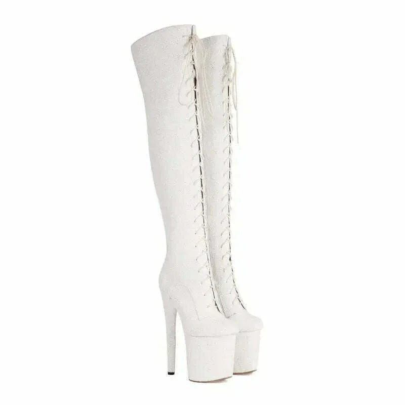 KIMLUD, Glitter Bling Bling Shiny High Heels Over-the-Knee Lace-up Platform Thigh Boots, KIMLUD Womens Clothes