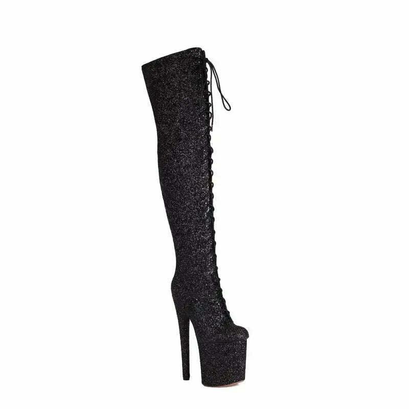 KIMLUD, Glitter Bling Bling Shiny High Heels Over-the-Knee Lace-up Platform Thigh Boots, KIMLUD Womens Clothes