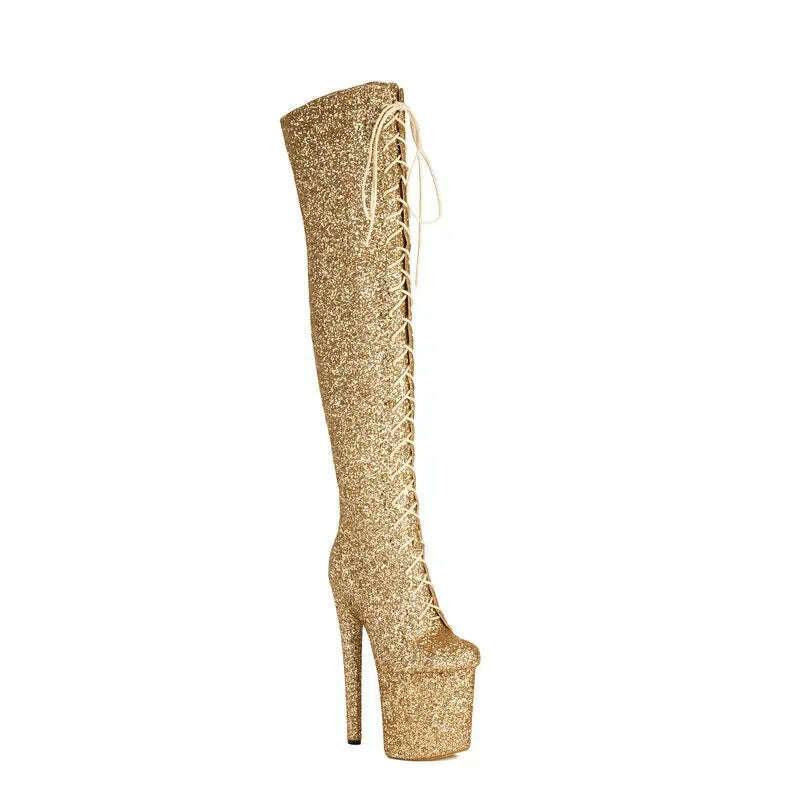 KIMLUD, Glitter Bling Bling Shiny High Heels Over-the-Knee Lace-up Platform Thigh Boots, KIMLUD Womens Clothes