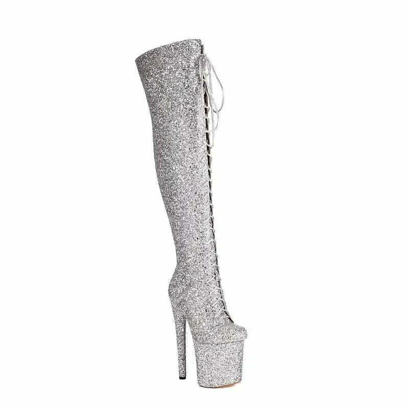 KIMLUD, Glitter Bling Bling Shiny High Heels Over-the-Knee Lace-up Platform Thigh Boots, KIMLUD Womens Clothes