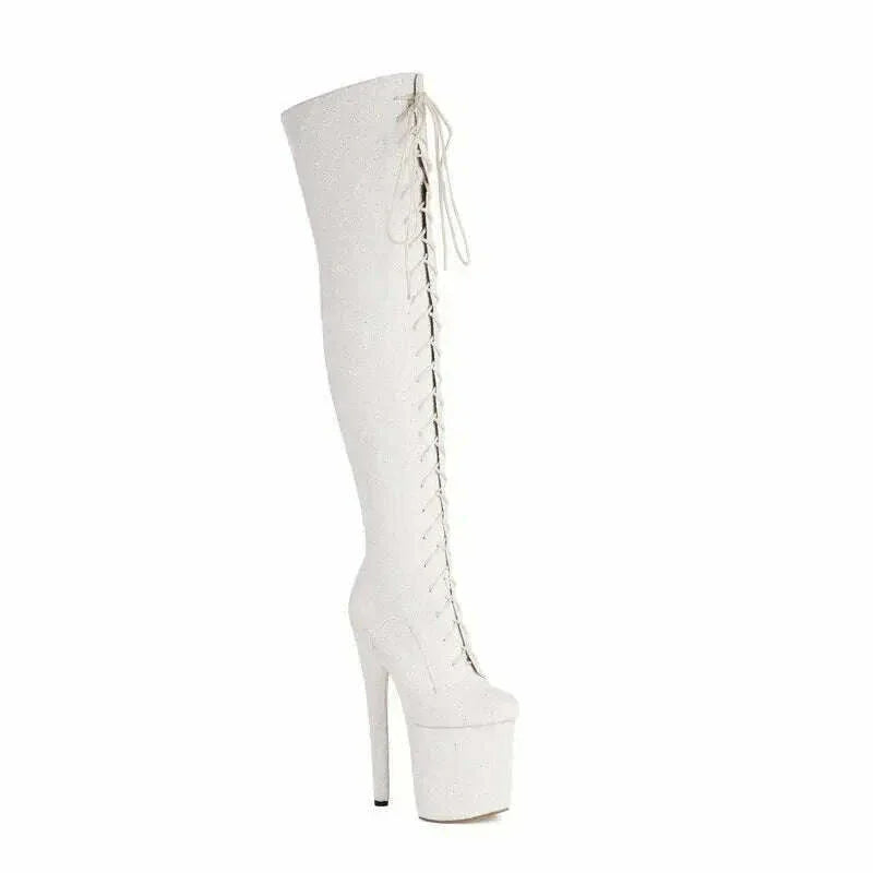KIMLUD, Glitter Bling Bling Shiny High Heels Over-the-Knee Lace-up Platform Thigh Boots, KIMLUD Womens Clothes