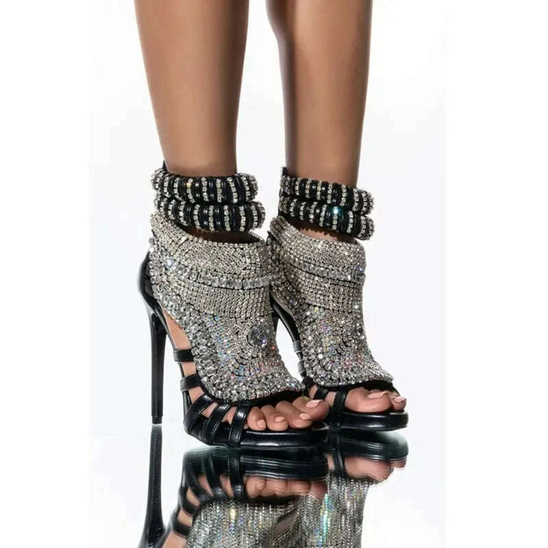 Glitter Crystal Stiletto Woman Bling Cover Heels Ankle Wrap Rhinestone Totem Design Peep Hollow Sandals Sexy Fashion Dress Shoes - KIMLUD