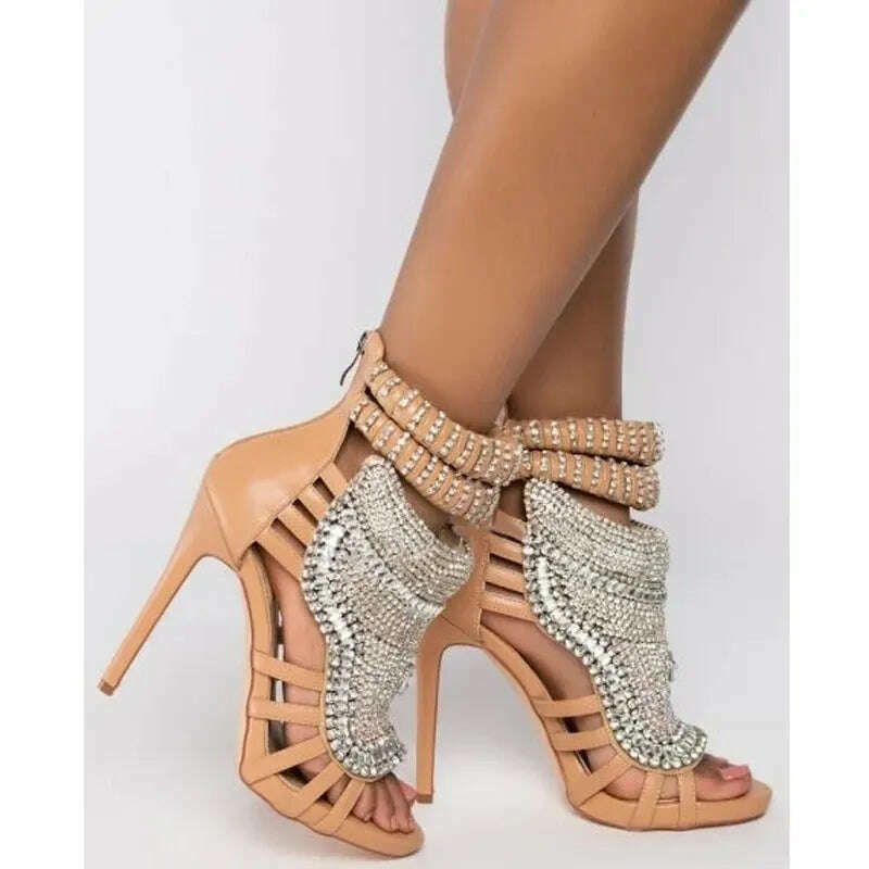 Glitter Crystal Stiletto Woman Bling Cover Heels Ankle Wrap Rhinestone Totem Design Peep Hollow Sandals Sexy Fashion Dress Shoes - KIMLUD