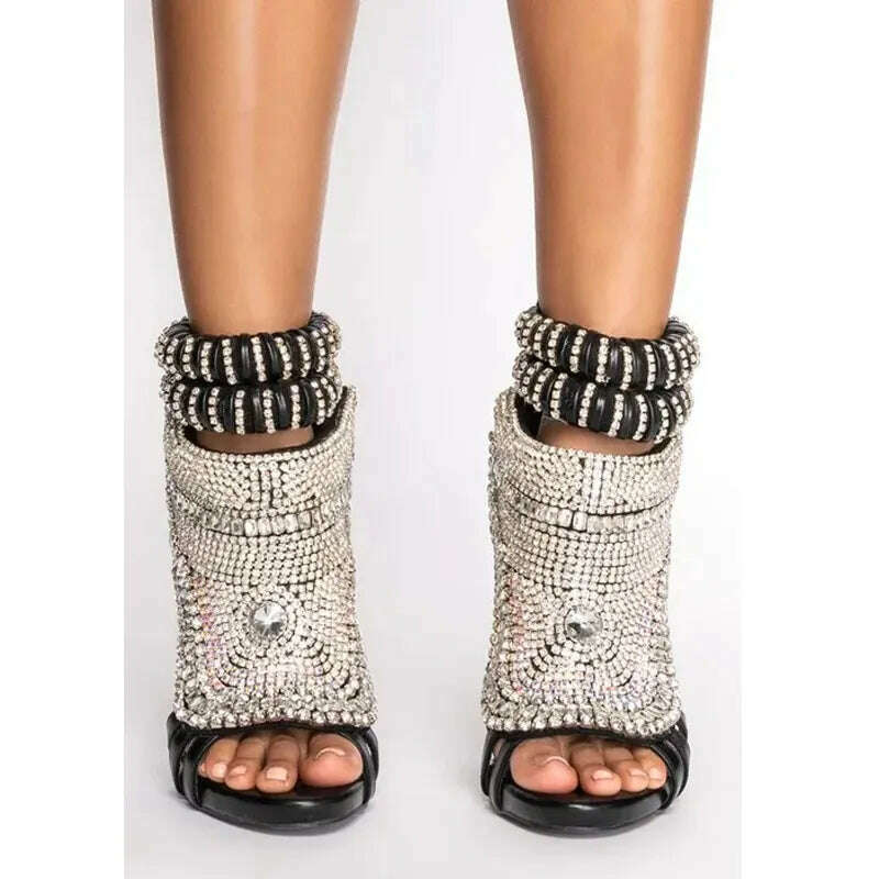Glitter Crystal Stiletto Woman Bling Cover Heels Ankle Wrap Rhinestone Totem Design Peep Hollow Sandals Sexy Fashion Dress Shoes - KIMLUD