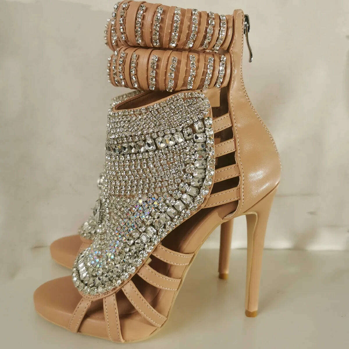 Glitter Crystal Stiletto Woman Bling Cover Heels Ankle Wrap Rhinestone Totem Design Peep Hollow Sandals Sexy Fashion Dress Shoes - KIMLUD