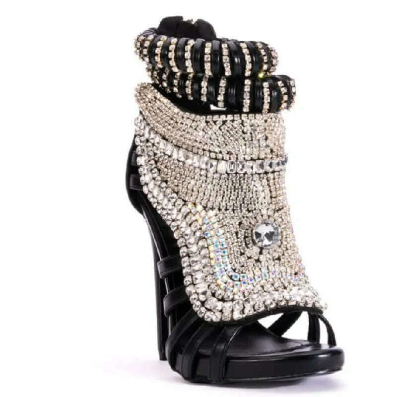 Glitter Crystal Stiletto Woman Bling Cover Heels Ankle Wrap Rhinestone Totem Design Peep Hollow Sandals Sexy Fashion Dress Shoes - KIMLUD