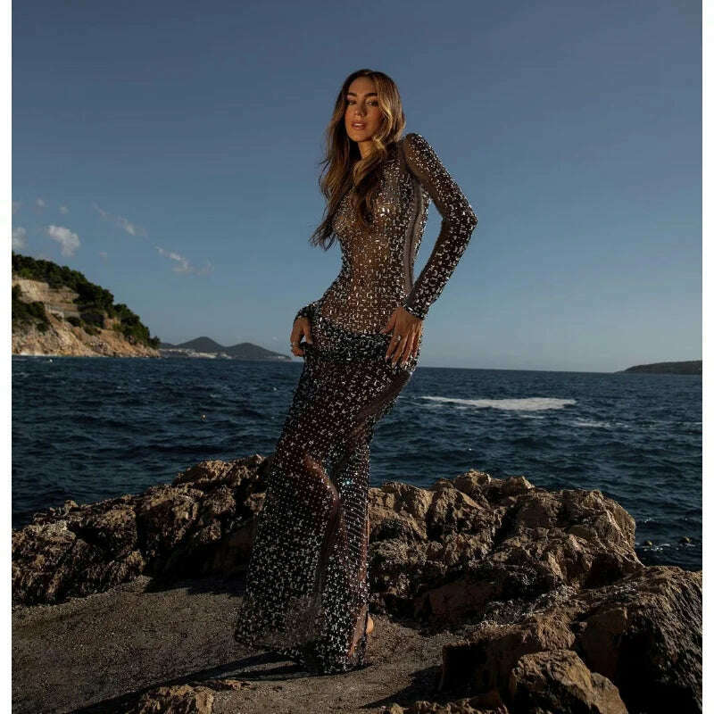 Glitter Female Cover up Maxi Dress Mesh See-Through Split Fashion Long Sleeve Slim Sexy Beach Cover up Dress For Women New - KIMLUD