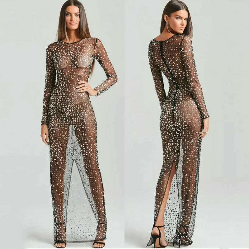 Glitter Female Cover up Maxi Dress Mesh See-Through Split Fashion Long Sleeve Slim Sexy Beach Cover up Dress For Women New - KIMLUD