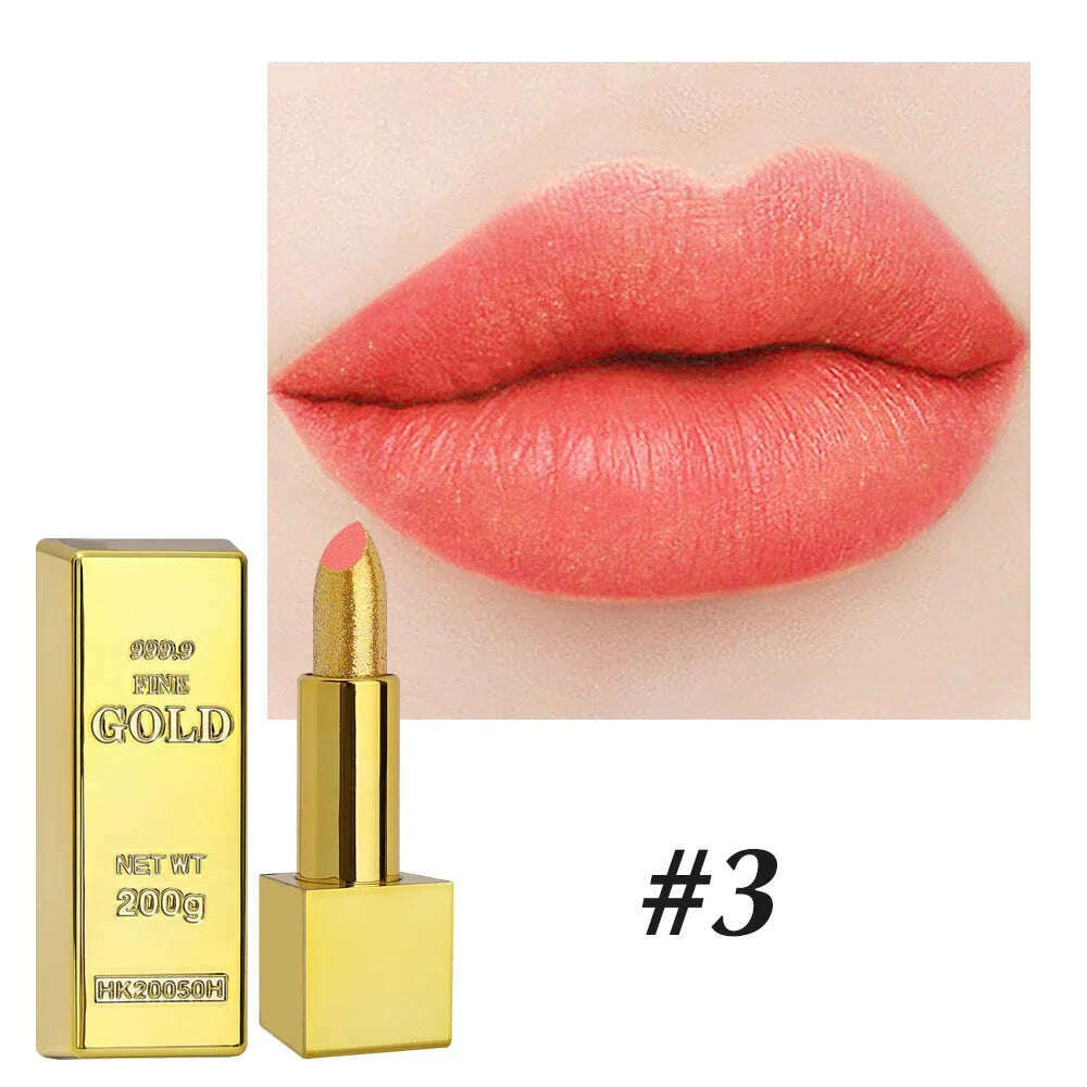 KIMLUD, Glitter Gold Lipstick Shiny Metallic Matte Velvet Waterproof Long Lasting Sexy Gold Red Pink Lip Gloss Women Lip Makeup Cosmetic, 03, KIMLUD APPAREL - Womens Clothes
