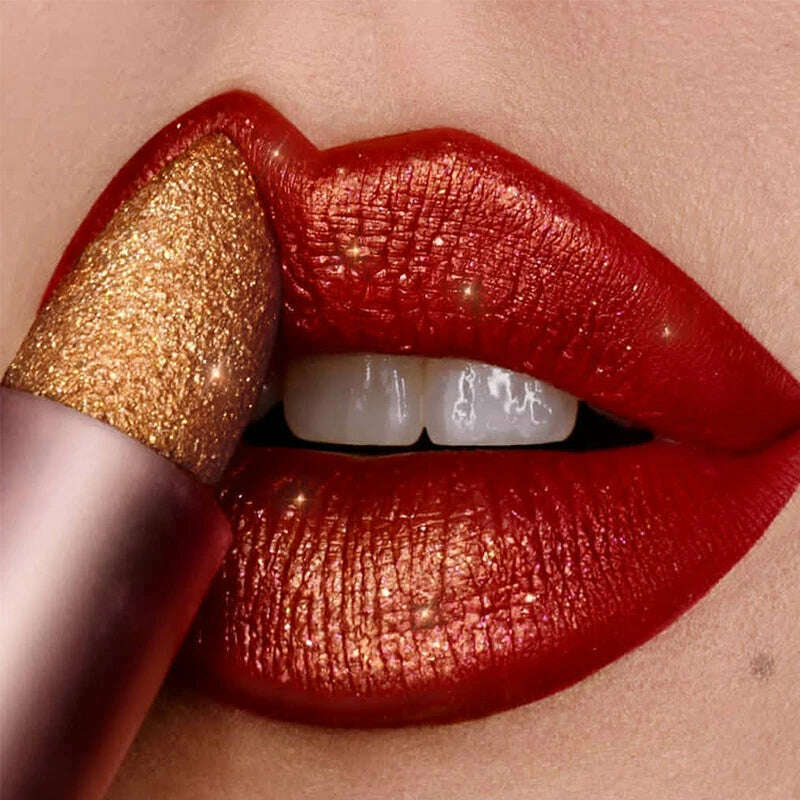 KIMLUD, Glitter Lipstick Long Lasting Non-stick Cup Velve Sexy Nude Red Lipstick Shimmer Gold Waterproof Moisturizing Women Lips Makeup, KIMLUD Womens Clothes