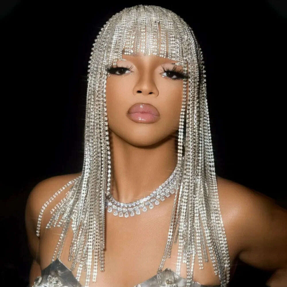 Glitter Rhinestone Long Fringed Hair Chain Headband Hat Stage Performance for Women Crystal Headwear Headpiece Head Wig Chain - KIMLUD
