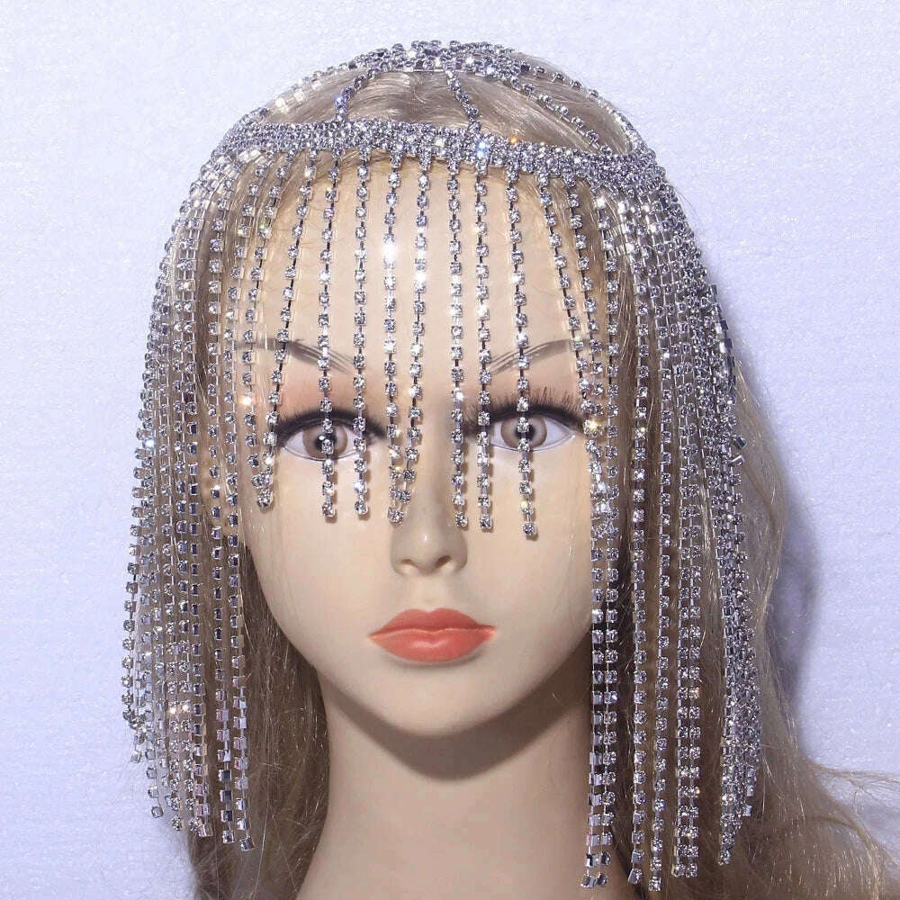 KIMLUD, Glitter Rhinestone Long Fringed Hair Chain Headband Hat Stage Performance for Women Crystal Headwear Headpiece Head Wig Chain, KIMLUD Womens Clothes