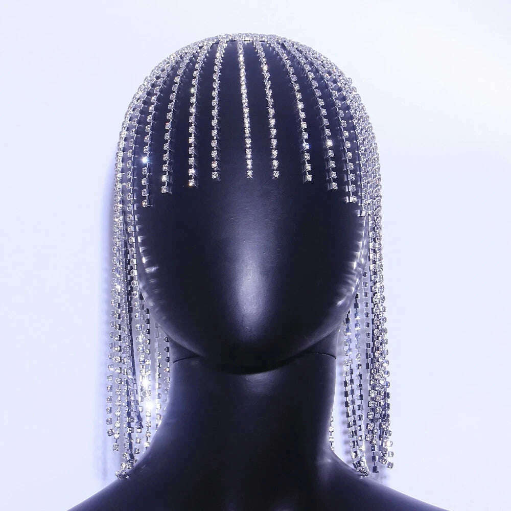 KIMLUD, Glitter Rhinestone Long Fringed Hair Chain Headband Hat Stage Performance for Women Crystal Headwear Headpiece Head Wig Chain, KIMLUD Womens Clothes