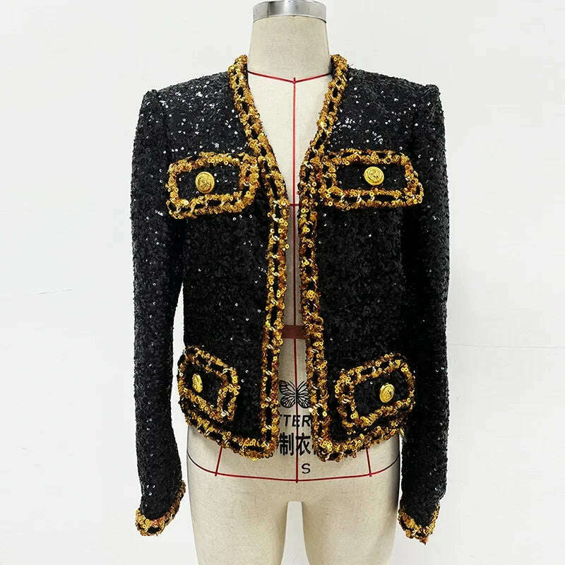 KIMLUD, Glitter Sequins Formal Women Suit Blazer Female Business Work Wear Shiny Long Sleeve Coat 1 Piece Jacket Outfit With Pocket, KIMLUD Womens Clothes