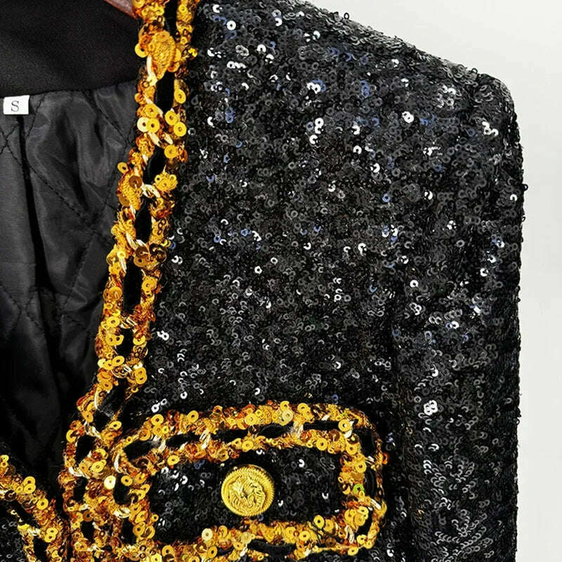 KIMLUD, Glitter Sequins Formal Women Suit Blazer Female Business Work Wear Shiny Long Sleeve Coat 1 Piece Jacket Outfit With Pocket, KIMLUD Womens Clothes