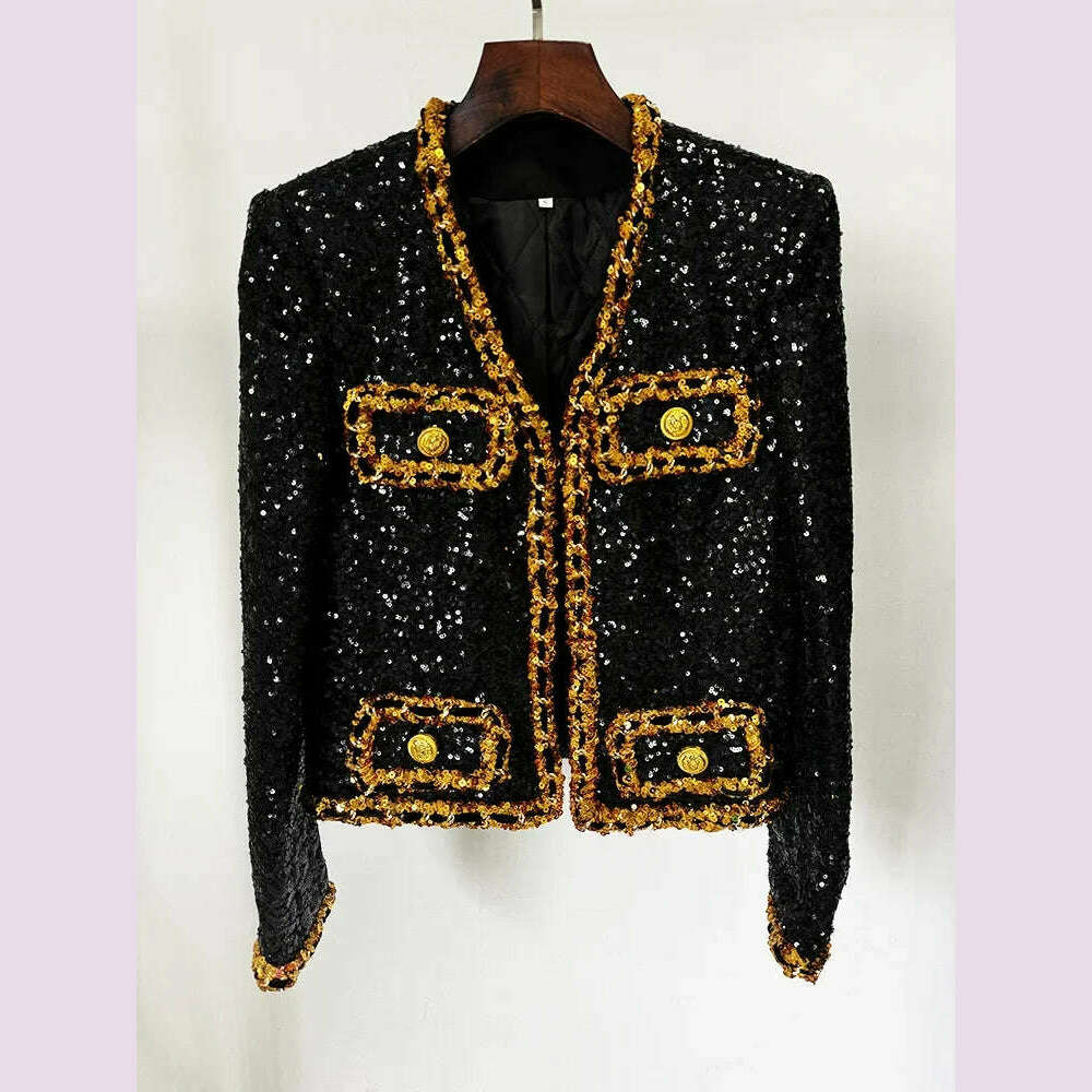KIMLUD, Glitter Sequins Formal Women Suit Blazer Female Business Work Wear Shiny Long Sleeve Coat 1 Piece Jacket Outfit With Pocket, KIMLUD Womens Clothes
