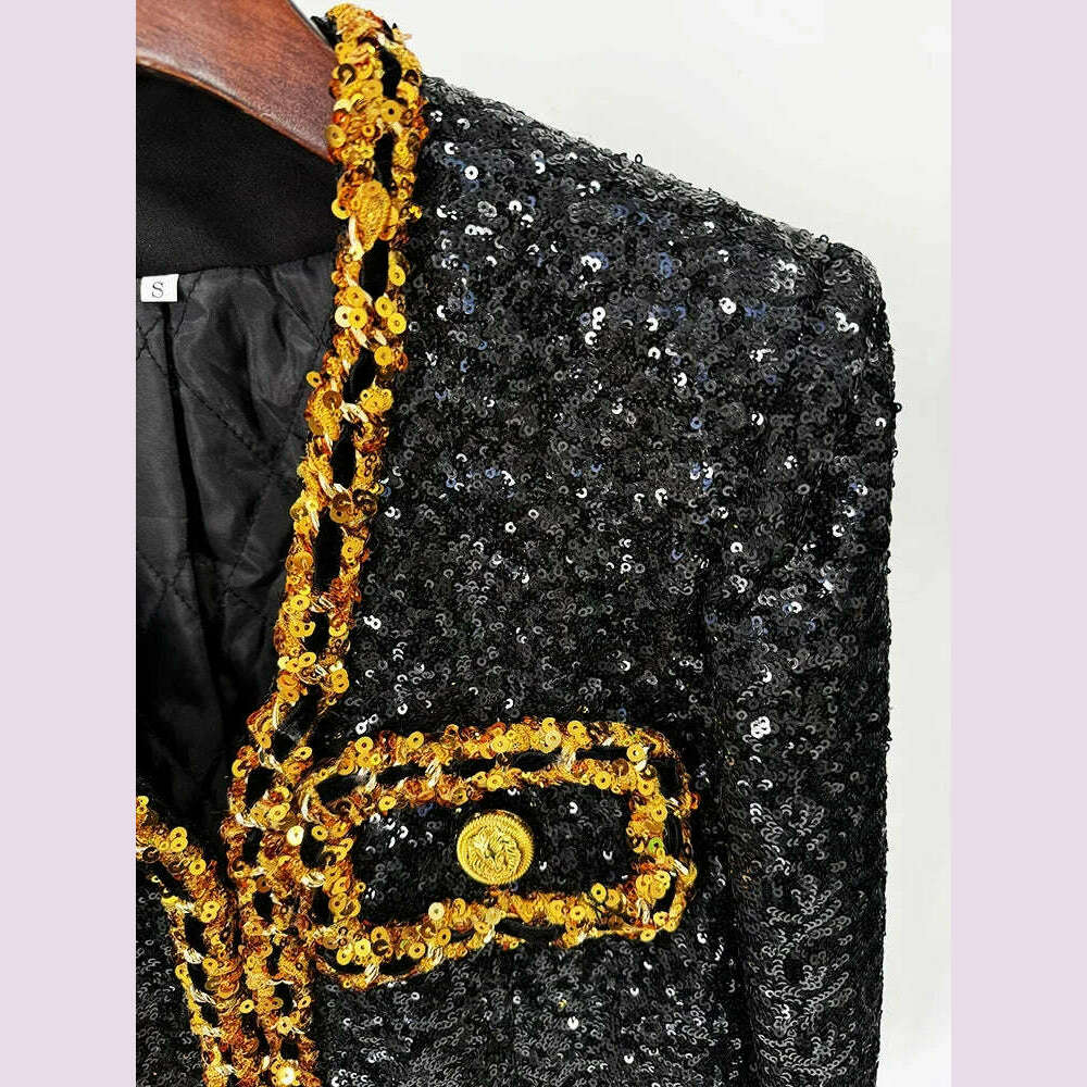 KIMLUD, Glitter Sequins Formal Women Suit Blazer Female Business Work Wear Shiny Long Sleeve Coat 1 Piece Jacket Outfit With Pocket, KIMLUD Womens Clothes