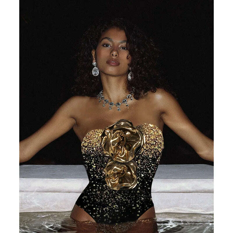 KIMLUD, Glossy One Piece Swimsuit Woman Block Color Sequin Swimwear Holiday Monokini Beach Bathing Suit Outfit, KIMLUD Womens Clothes