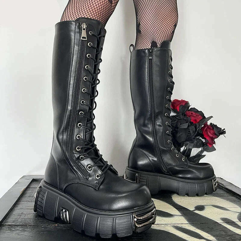 KIMLUD, GMQM Platform Fashion Women‘s The Knee Boots New Black Motorcycle Boots Lace-Up Knight's Boots Gothic Punk Style Mid-Calf Boots, KIMLUD Womens Clothes