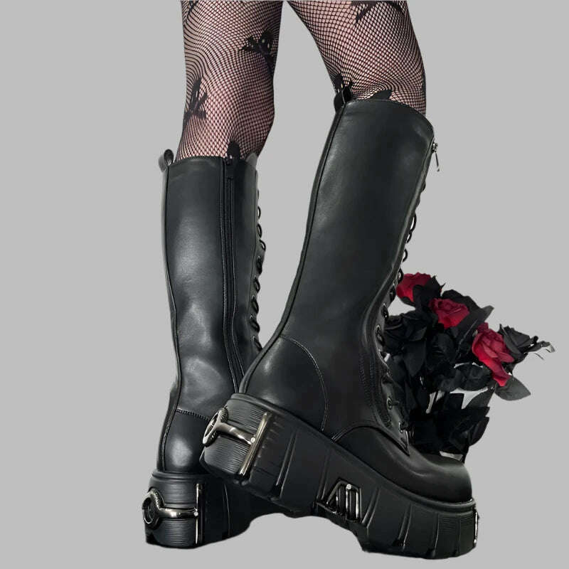 KIMLUD, GMQM Platform Fashion Women‘s The Knee Boots New Black Motorcycle Boots Lace-Up Knight's Boots Gothic Punk Style Mid-Calf Boots, KIMLUD Womens Clothes