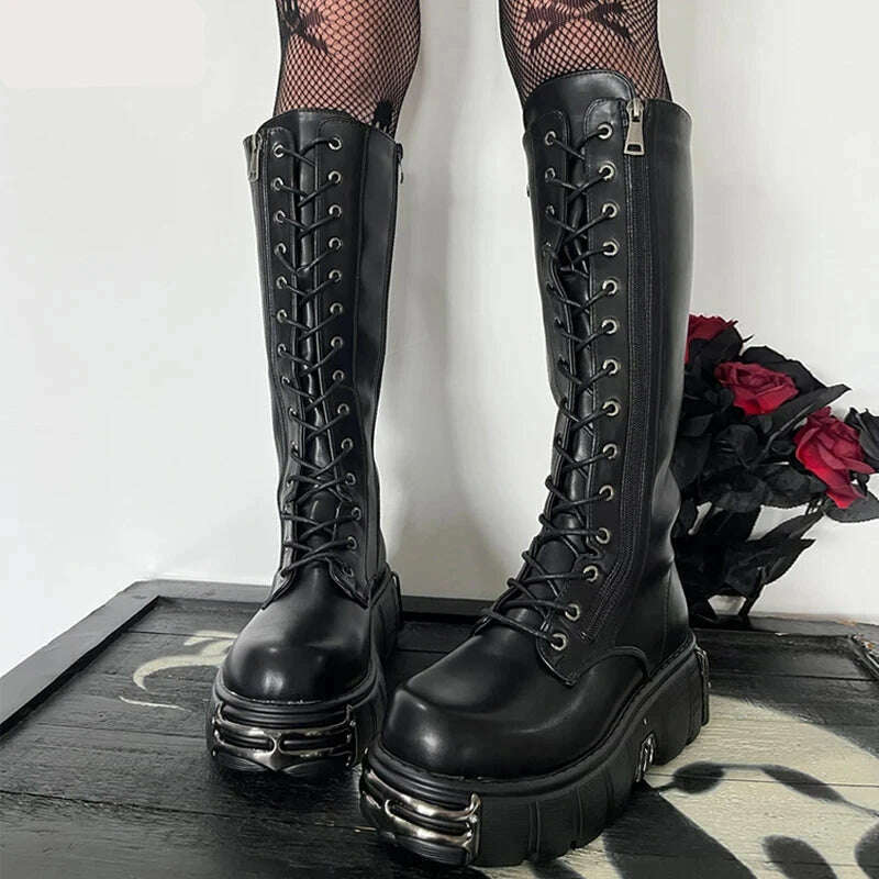 KIMLUD, GMQM Platform Fashion Women‘s The Knee Boots New Black Motorcycle Boots Lace-Up Knight's Boots Gothic Punk Style Mid-Calf Boots, KIMLUD Womens Clothes