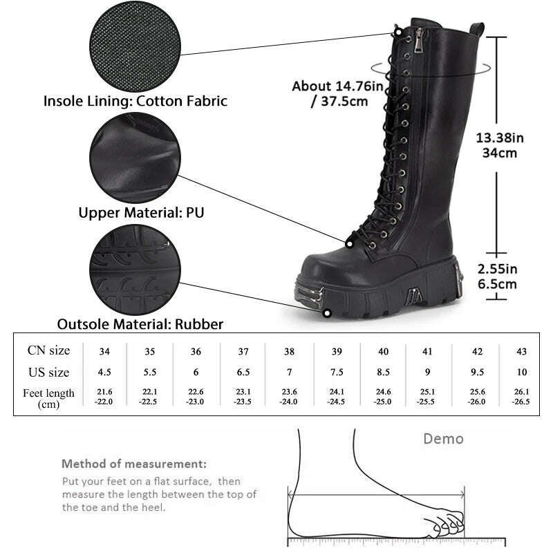KIMLUD, GMQM Platform Fashion Women‘s The Knee Boots New Black Motorcycle Boots Lace-Up Knight's Boots Gothic Punk Style Mid-Calf Boots, KIMLUD Womens Clothes