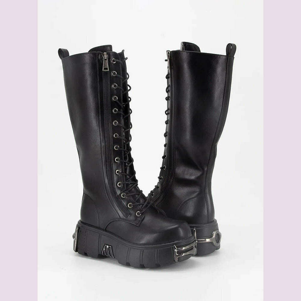KIMLUD, GMQM Platform Fashion Women‘s The Knee Boots New Black Motorcycle Boots Lace-Up Knight's Boots Gothic Punk Style Mid-Calf Boots, KIMLUD Womens Clothes