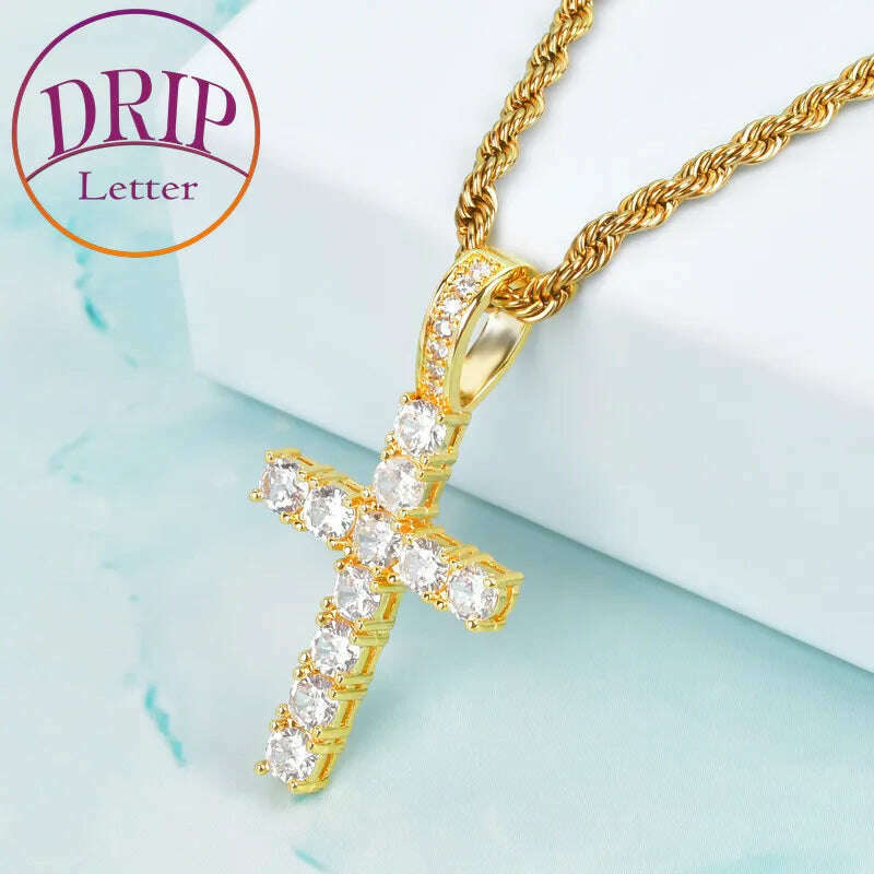 KIMLUD, Gold Color Zircon Cross Pendant For Men Women Plated Hip Hop Rock Street Iced CZ Necklace Jewelry, KIMLUD Womens Clothes