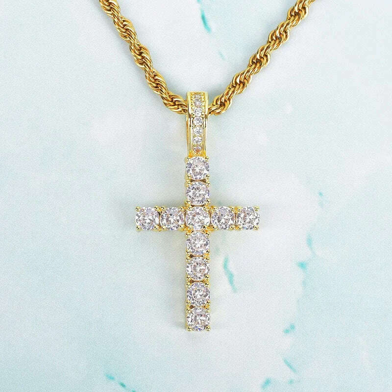 KIMLUD, Gold Color Zircon Cross Pendant For Men Women Plated Hip Hop Rock Street Iced CZ Necklace Jewelry, Gold Color / Rope Chain / China|16Inch, KIMLUD APPAREL - Womens Clothes