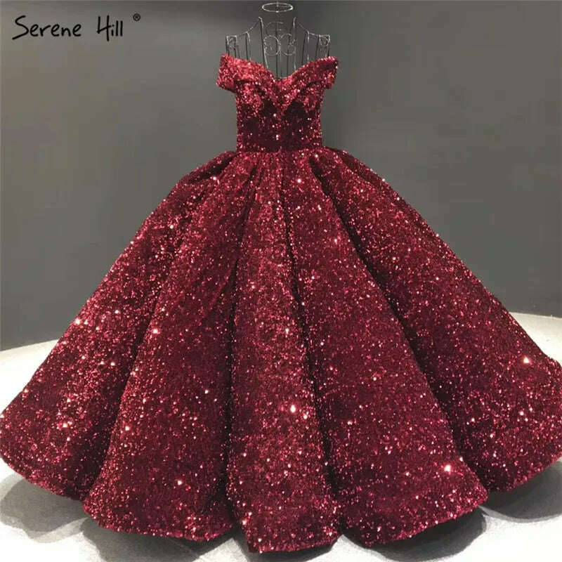 KIMLUD, Gold Dubai Sweetheart Sexy Plus Size Wedding Dresses 2023 Sequined Off Shoulder Luxury Bridal Gowns HM66991 Couture Dress, wine red / 16, KIMLUD APPAREL - Womens Clothes