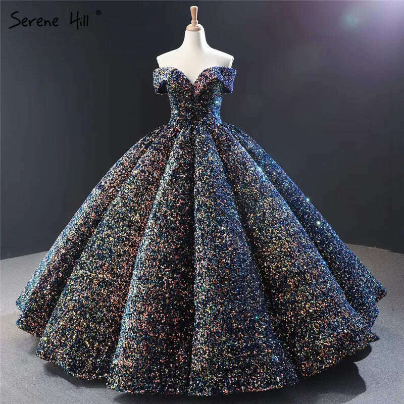 KIMLUD, Gold Dubai Sweetheart Sexy Plus Size Wedding Dresses 2023 Sequined Off Shoulder Luxury Bridal Gowns HM66991 Couture Dress, gold blue / 14, KIMLUD APPAREL - Womens Clothes