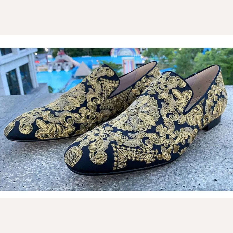 KIMLUD, Gold Handmade Embroidered Shoes Man Round Toe Flower Flats Loafer Shoes Mail Slip On Luxury Wedding Shoes Men, multi / 6.5, KIMLUD APPAREL - Womens Clothes