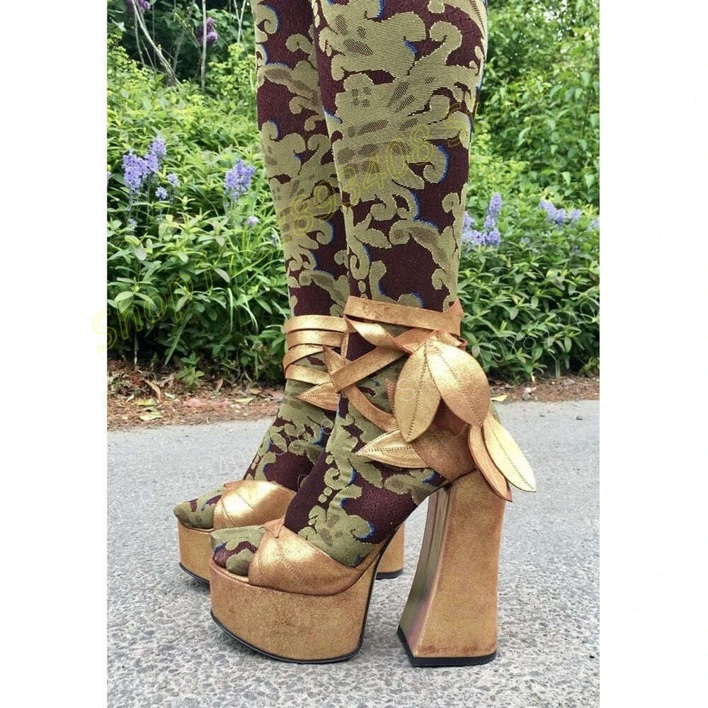 Gold Leaves Decor Runway Sandals Runway Peep Toe Platform Chunky High Heel Fashion Sexy Women Shoes 2024 New Zapatos Para Mujere - KIMLUD