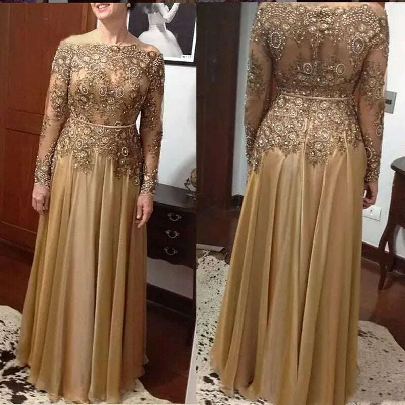 Gold Long Sleeve Mother Of The Bride Dresses For Weddings Elegant Lace Gowns  Groom Mother Godmother Dinner Dresses 2021