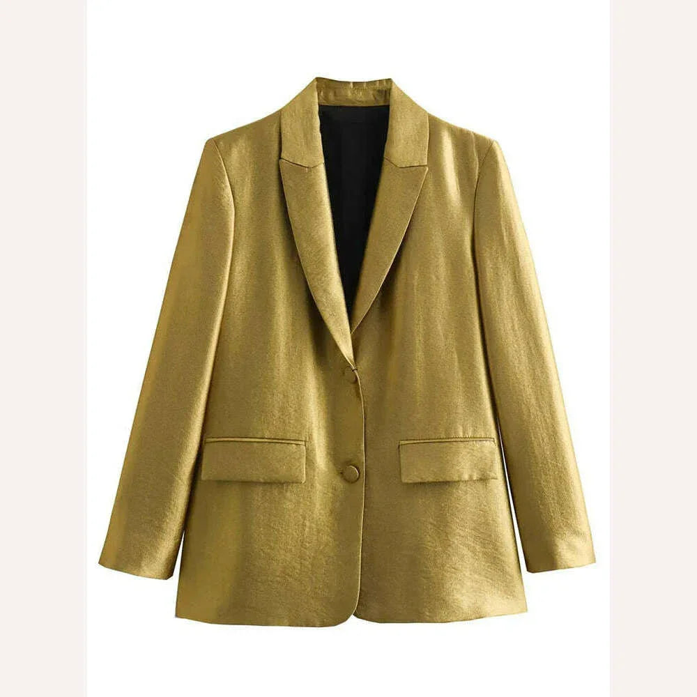 KIMLUD, Gold Loose Blazer Jacket for Women Lapel Collar Jackets Spring Autumn Long Sleeve V Neck Coat Streetwear Lady Elegant Outerwear, KIMLUD Womens Clothes