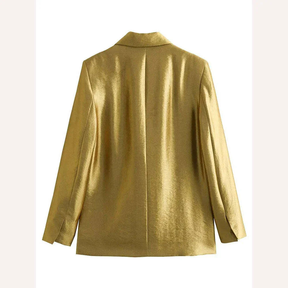 KIMLUD, Gold Loose Blazer Jacket for Women Lapel Collar Jackets Spring Autumn Long Sleeve V Neck Coat Streetwear Lady Elegant Outerwear, KIMLUD Womens Clothes