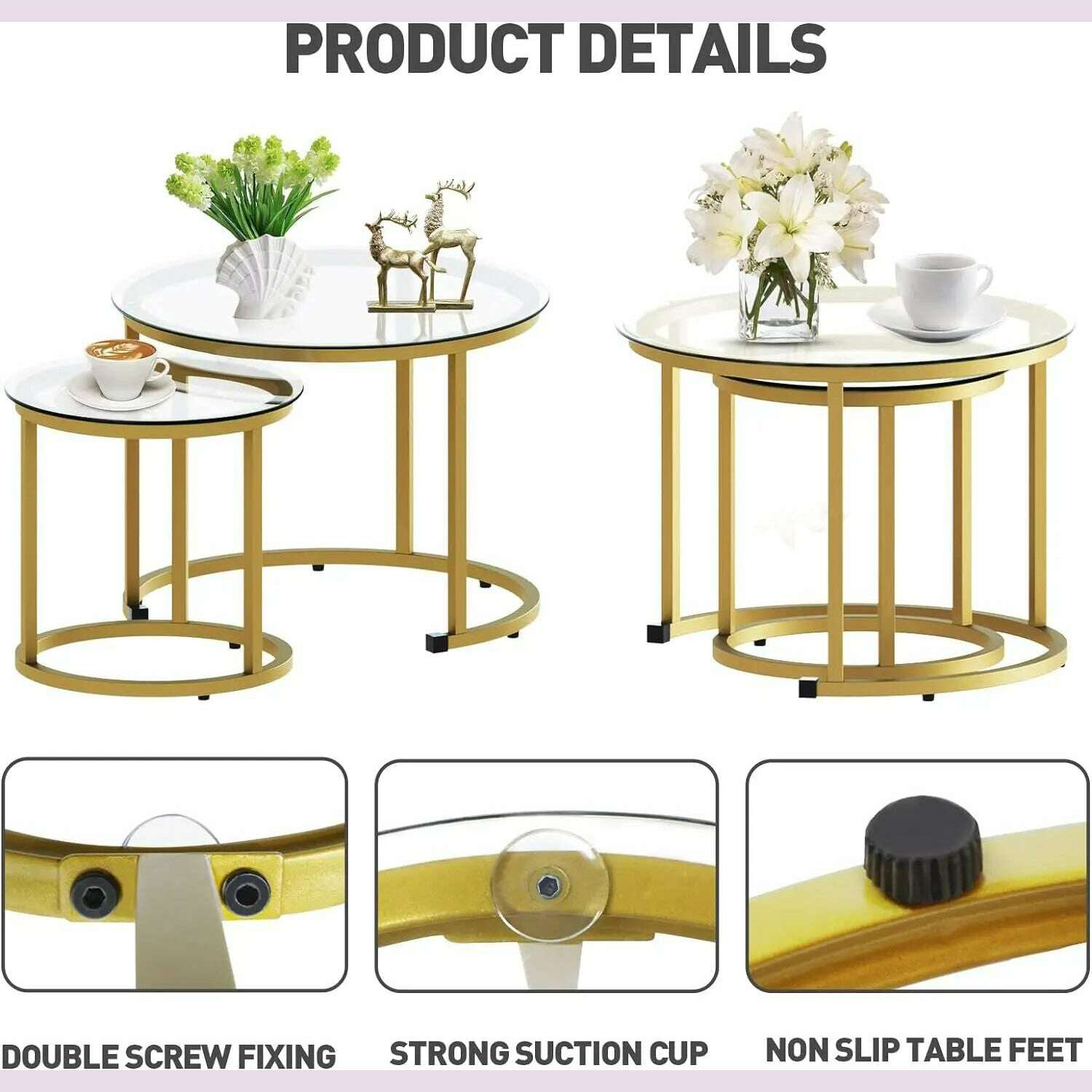 KIMLUD, Gold Nesting Coffee Table Set of 2, Small Glass Round Nesting Tables for Living Room Bedroom, Accent Tea Table with Metal Frame, KIMLUD Womens Clothes