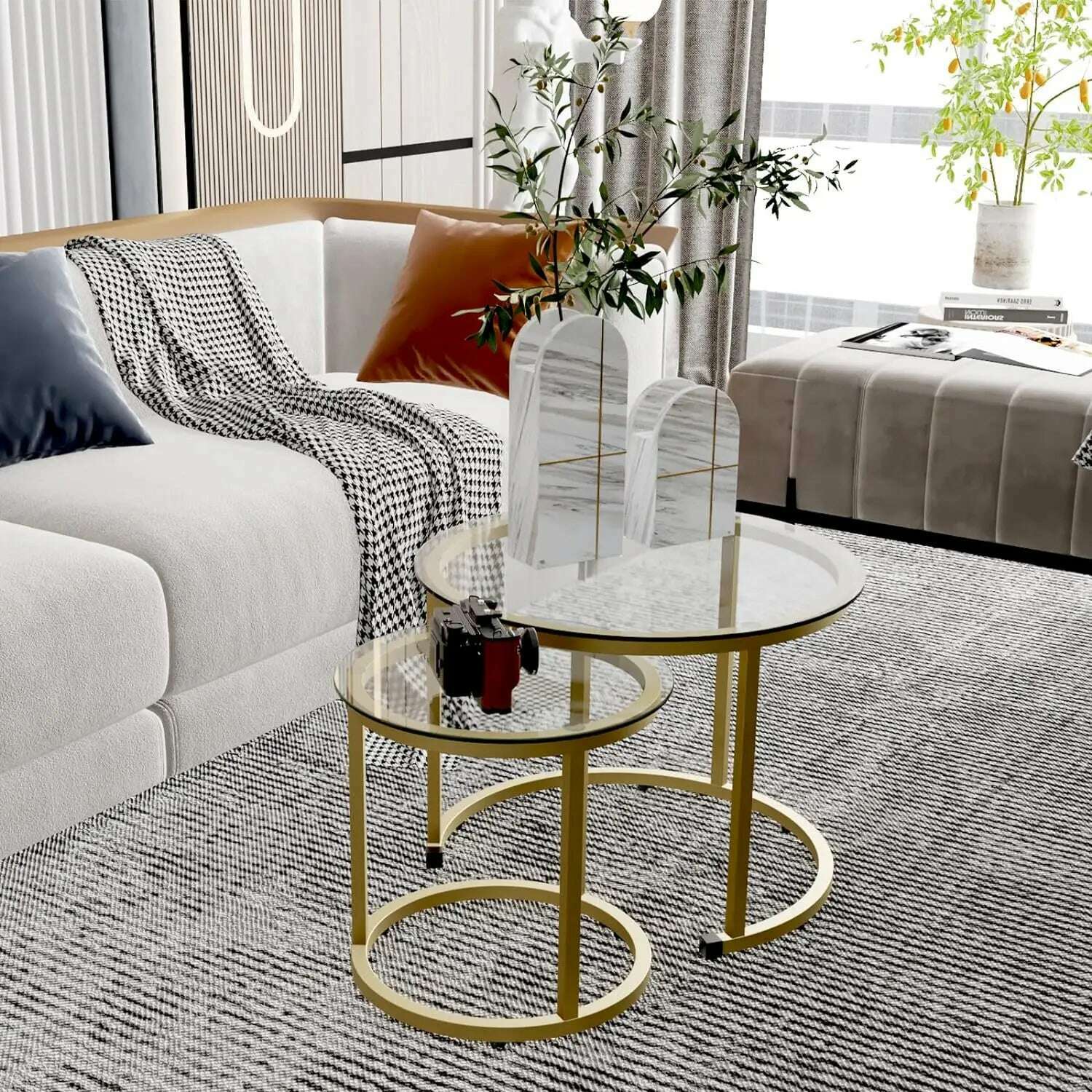 KIMLUD, Gold Nesting Coffee Table Set of 2, Small Glass Round Nesting Tables for Living Room Bedroom, Accent Tea Table with Metal Frame, KIMLUD Womens Clothes