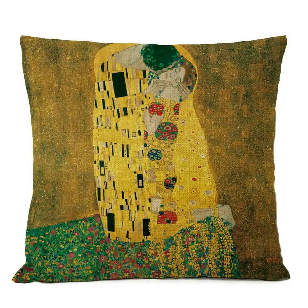 Gold Oil Painting Throw Pillow Cover Gustav Klimt Gallery Pillow Case Home Decorative Pillow Linen Pillowcase Sofa Cushion - KIMLUD