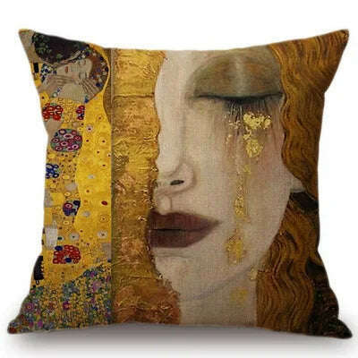 Gold Oil Painting Throw Pillow Cover Gustav Klimt Gallery Pillow Case Home Decorative Pillow Linen Pillowcase Sofa Cushion - KIMLUD