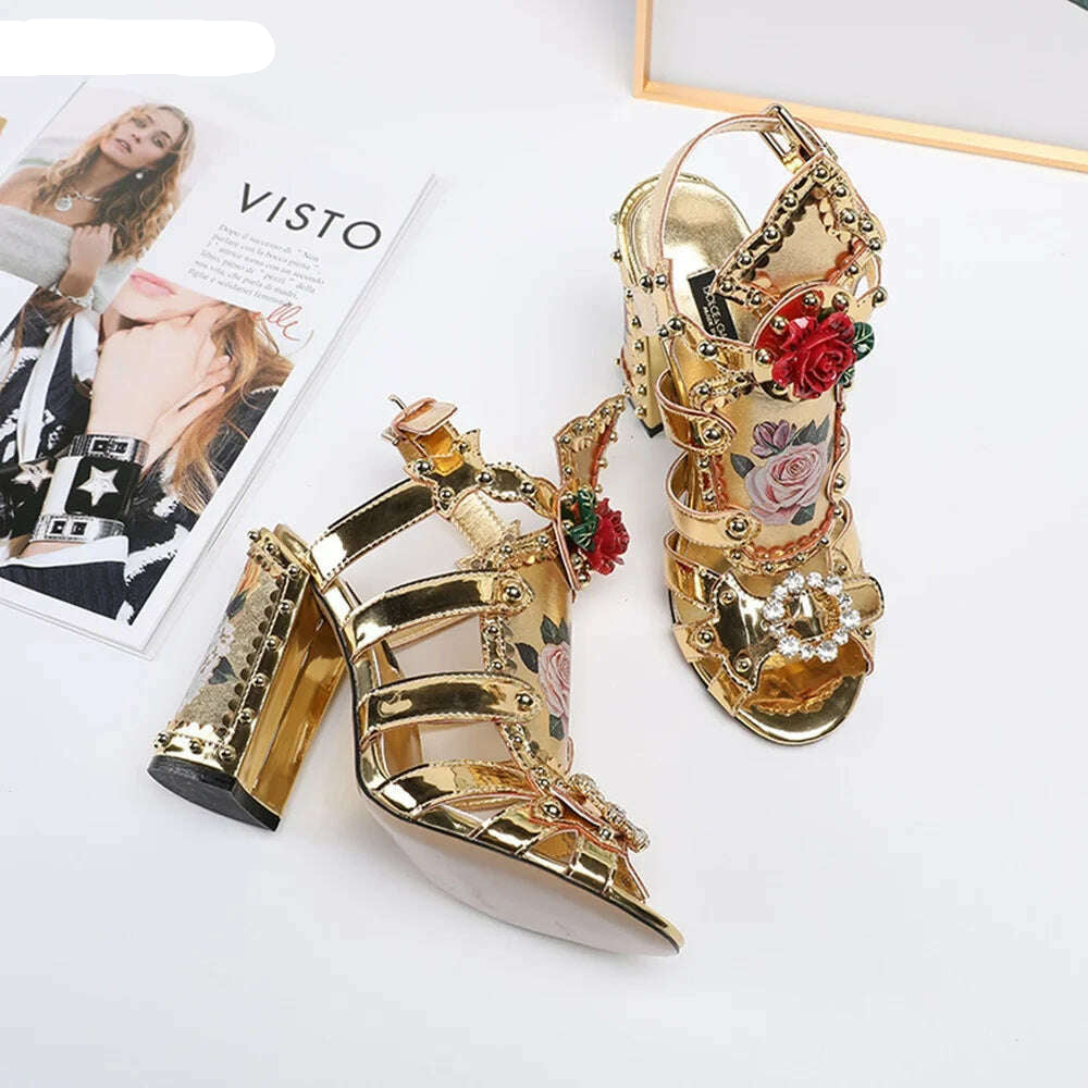 Gold Print Rose Sandals 2022 Summer New Arrival Rhinestones Thin High Heel Round Toe Ankle Strap Buckle Model Women's Shoes - KIMLUD