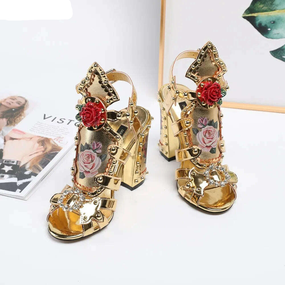 Gold Print Rose Sandals 2022 Summer New Arrival Rhinestones Thin High Heel Round Toe Ankle Strap Buckle Model Women's Shoes - KIMLUD