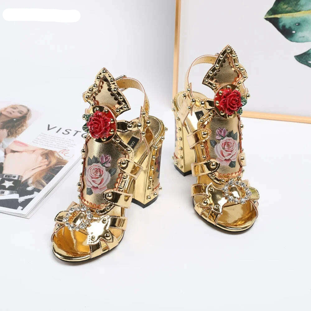 Gold Print Rose Sandals 2022 Summer New Arrival Rhinestones Thin High Heel Round Toe Ankle Strap Buckle Model Women's Shoes - KIMLUD