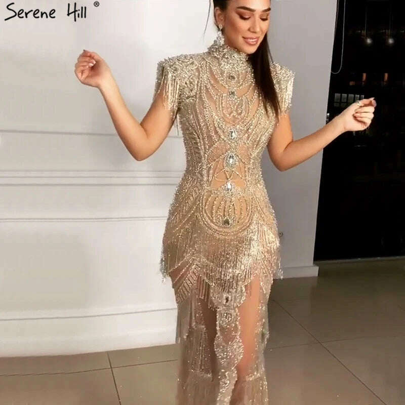 KIMLUD, Gold Tassel Beading Sleeveless Sexy Evening Dresses 2023 Dubai Design Luxury Sexy Evening Gowns Serene Hill BLA60893, KIMLUD Womens Clothes