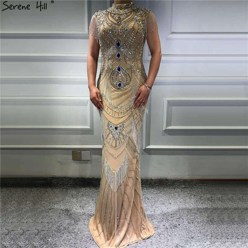 KIMLUD, Gold Tassel Beading Sleeveless Sexy Evening Dresses 2023 Dubai Design Luxury Sexy Evening Gowns Serene Hill BLA60893, KIMLUD Womens Clothes