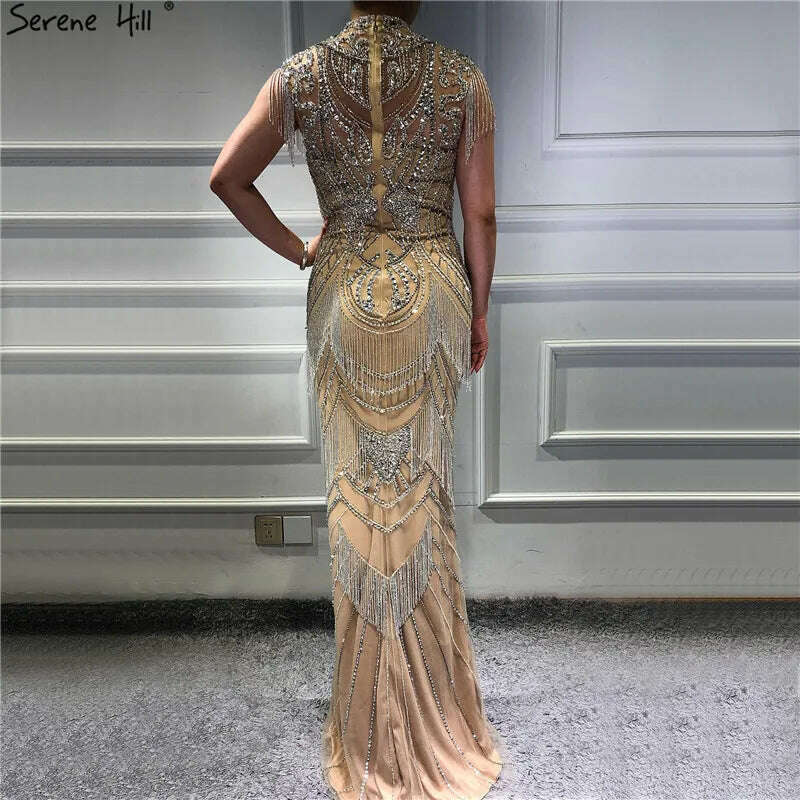 KIMLUD, Gold Tassel Beading Sleeveless Sexy Evening Dresses 2023 Dubai Design Luxury Sexy Evening Gowns Serene Hill BLA60893, KIMLUD Womens Clothes